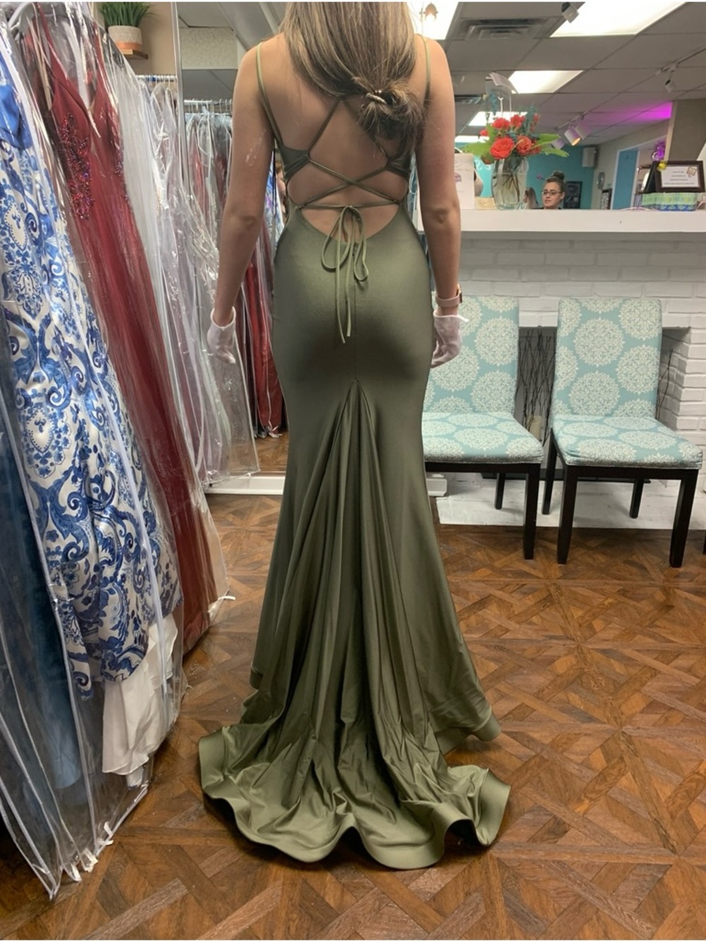 Olive Green Open-Back Gown